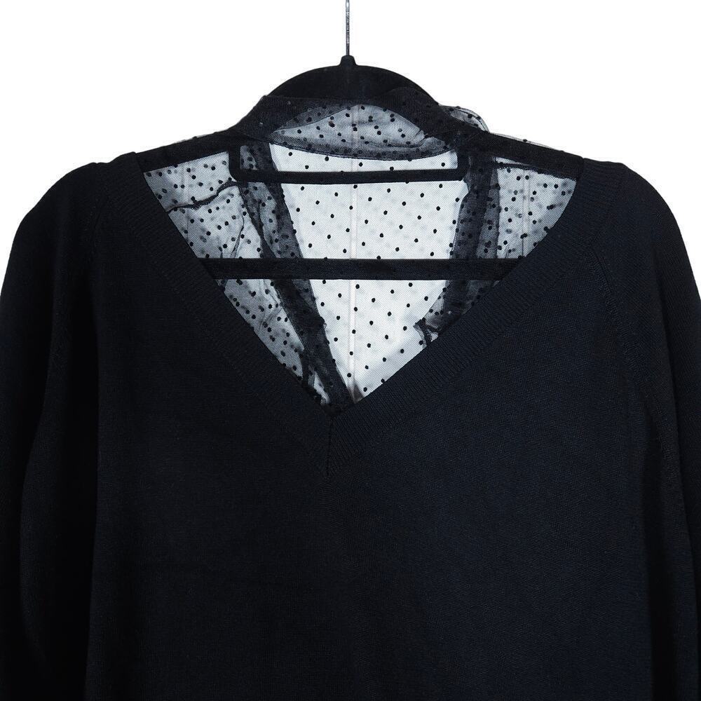 Eloquii Shirt 18 20 Black Polka Dot Mesh V Neck Long Sleeve Elastic Cuff Top - Picture 4 of 13